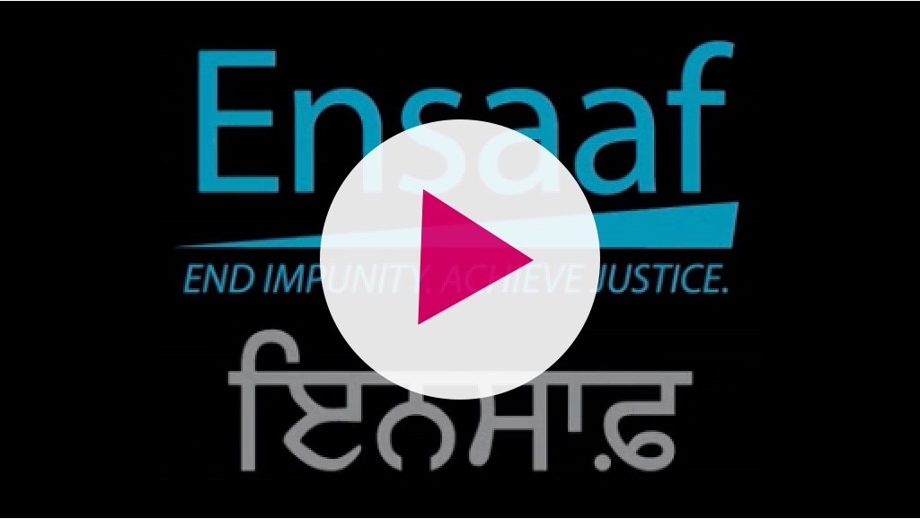 Ensaaf Logo on a dark background overlaid with a play button